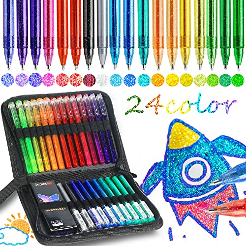 ZSCM 48er-Pack Metallic-Glitzer-Gelstifte, 24 Farben, inklusive 24 Glitzer-Minen, im Canvas-Etui für Erwachsene, zum Malen, Zeichnen, Basteln, Scrapbooking und Journaling
