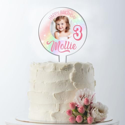 Personalised Children's Acrylic Birthday Cake Topper with Child’s Photo – Custom Name & Age, Rainbow Sparkle or Blue Galaxy Design Keepsake (Rainbow)