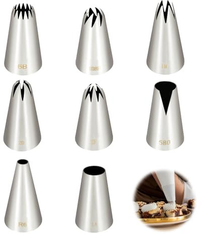 8 Douille Pâtisserie Grande Inox Professionnelle, Douilles à Pâtisserie, Embouts Décoratifs Gâteaux, Kit Douilles Cannelée Cupcake pour Crème, Chantilly, Choux, Biscuits (1A/1M/2D/2F/580/R6/108E/6B)