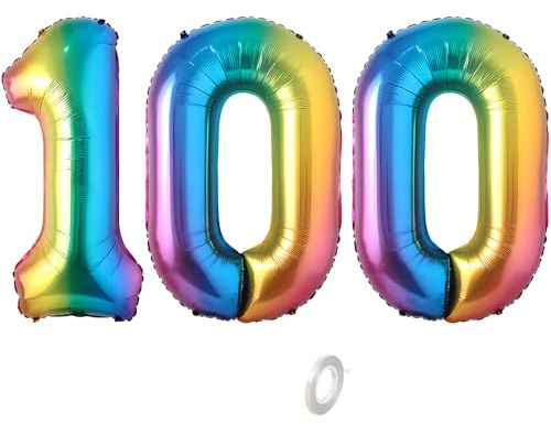 Balorise 40 Pouces Aluminium Ballon Géant Arc-en-ciel Chiffre 100, Gonflable Hélium, Grand Numéro 0-9, 10-100 (101cm), Décoration de Foil Ballons pour Fête d'anniversaire et Mariage