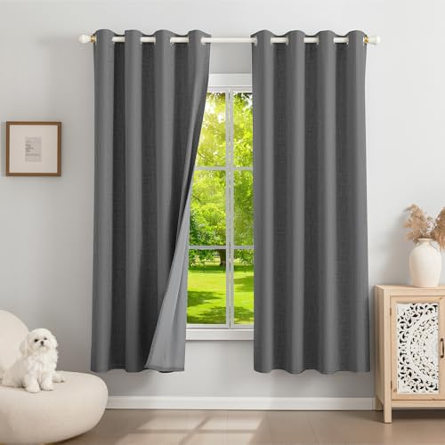 Runyéla 100% Verdunklungsvorhänge Leinen Gardinen mit Ösen 2er Set, Thermovorhang Hitzeschutz H 175 x B 140, Leinenoptik Vorhänge Blickdicht Grau Schallschutz für Schlafzimmer Wohnzimmer