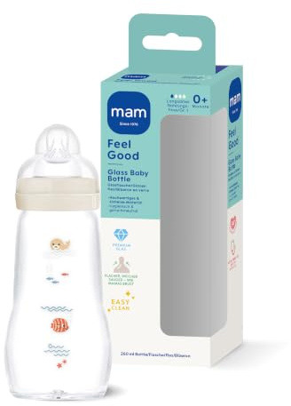 MAM Feel Good Glasflasche 260 ml, 94% Akzeptanz, Sauger Gr. 1, Robbe | Babyflasche aus Premiumglas, hitzebeständig & geschmacksneutral, SkinSoft Sauger fast wie beim Stillen, weite Öffnung