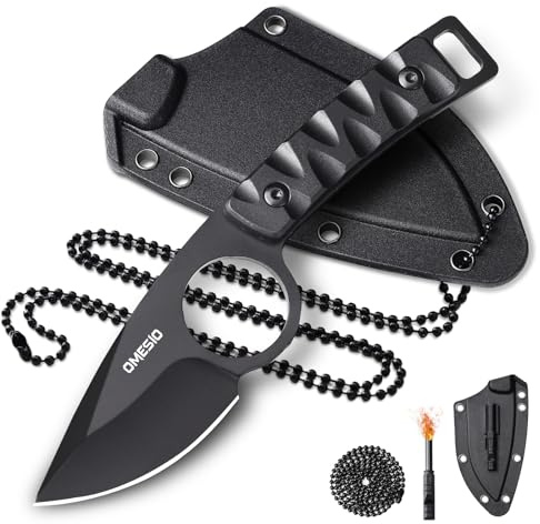 Omesio M-DY11 Neck Knife Aus 8Cr13MoV Edelstahl, Drop Point, Scharf | PP Griff mit Kydex-Scheide, inkl. Kette und Pfeife, kompaktes Outdoor-Halsmesser für Camping und Wandertouren, scharf