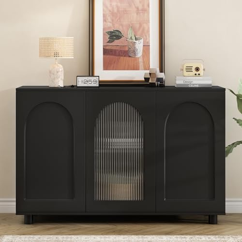 Elegante y sencillo aparador en forma de U en color negro con puerta de cristal y diseño de rebote para cocina, salón y comedor.