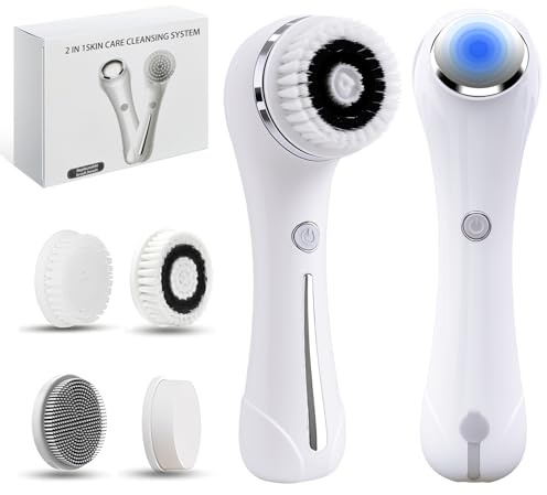 Spazzola Pulizia Viso Elettrica, Spazzole per Viso IPX7 Impermeabile, 2-In-1 Massaggiatore Viso con EMS e riscaldamento, Spazzola Viso con 4 Testine, per Pulizia Profonda, Per Detergere In Profondità