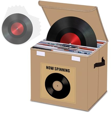 HEYCOOK Vinyl Record Storage Box, Stackable & Collapsible LP Storage Boxes Hold Up To 90 12-Inch Records, Sealed & Dust-Proof for Valuable Album Collection, 35.5 x 33 x 33 cm (Beige)