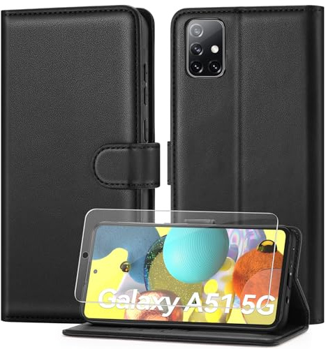 ivencase Coque pour Samsung Galaxy A51 5G avec Verre Trempé, étui Cuir PU Magnétique [Pochette de Portefeuille], Housse de Fonction Stand Video Porte Carte Credit à Rabat pour Samsung A51 5G - Noir