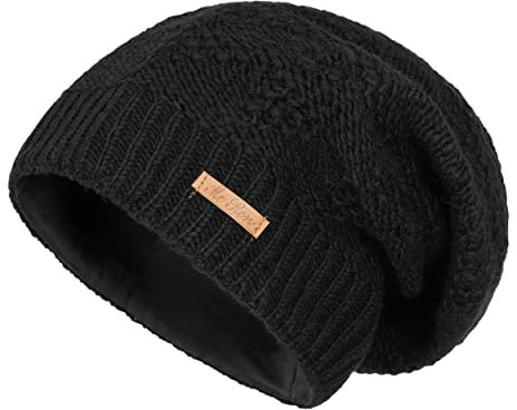 McRon Damen Gefütterte Beanie Wollmütze Modell Lina Schwarz 9511