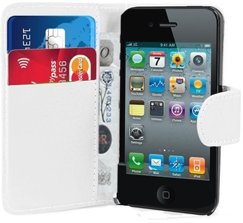 Apple iPhone 4 / 4S Premium PU Leather Wallet Case Cover White with Screen Protector and Polishing Cloth
