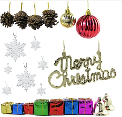Baum – Set/64 Mini Ornaments für kleine Weihnachtsbäume – 32 weiß Glitzer Schneeflocken – sortiert Ball Ornaments, Tannenzapfen, verpackt präsentiert und Glocken – Gold Schild Merry Christmas