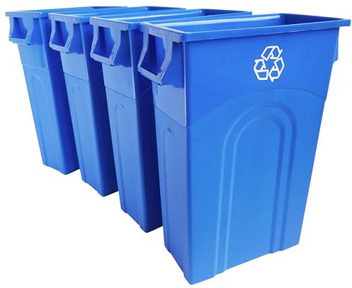 United Solutions Highboy Recycling Bin, 23 Gallon, Space Saving Slim Profile and Simple Bag Removal, Indoor or Outdoor Use, Integrated Handles for Easy Carrying, 4-Pack, Plastic, Recycle Blue