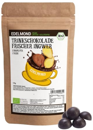 Edelmond Bio Trinkschokolade Ingwer & Kurkuma 175 g, Geschenkidee, vegan | Aus ganzen Kakaobohnen gemahlen statt Pulver, würzig-wärmend, Handarbeit im Familienbetrieb,
