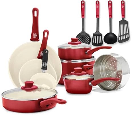 GreenLife Soft Grip Batterie de Cuisine avec Revêtement Antiadhésif Sain en Céramique Sans PFAS 16 Pièces, Avec des Poêles, Casseroles, Faits-touts, Marmites, Lave-vaisselle, Compatible au Four, Rouge