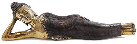 Artisanal Buddha-Statue, liegend aus Messing, 38 cm, asiatische Dekoration.