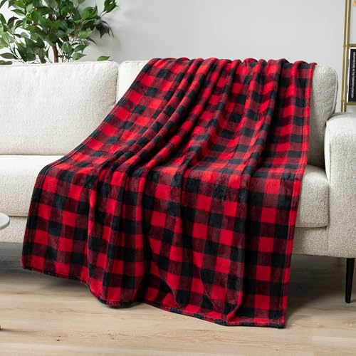 PAVILIA Buffalo Plaid Coperta per divano | Morbido pile di flanella rosso nero motivo scozzese a scacchi | Calda accogliente microfibra leggera | 127 x 152 cm