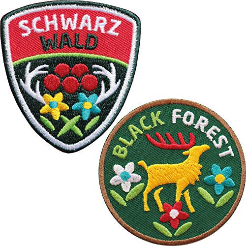 2er-Set Schwarzwald Abzeichen 60 mm gestickt/Black Forest Aufnäher Aufbügler Sticker Wappen Patches für Kleidung Mode Tracht Taschen Rucksack/Hirsch Geweih Hirschgeweih Bollen Naturpark