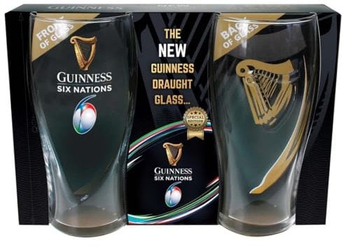 Six Nations Guinness Logo Two-Pack Pint Glass Set With Embossed Gold Harp