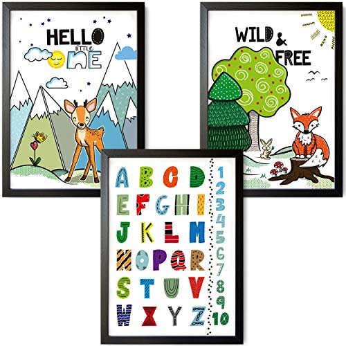 TOBJA® Hochwertiges Poster Set Kinderzimmer - Premium A4 Wandbilder als Babyzimmer Deko | Kinder Reh & Fuchs & ABC Zahlen | 3er Set Skandinavisch Kinderposter Tiere (Bunt ohne Rahmen)