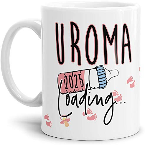 Tasse Babynews Du wirst Uroma 2025 - Geschenkidee/Ladebalken/Endlich Schwanger/Schwangerschaft verkünden/Baby - Weiß