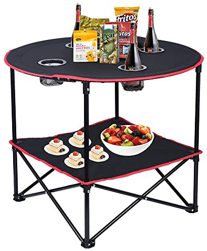 LEADALLWAY Klappbarer Picknicktisch, tragbarer Outdoor-Campingtisch mit 6 Becherhaltern und Tragetaschen, zusammenklappbarer Canvas-Reisetisch für Outdoor-Picknick, Reisen, Angeln (schwarz + rot)