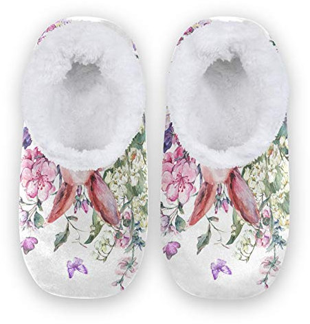 Mnsruu Wasserfarben-Häschen Häschen Blumen Haus Fleece Hausschuhe bequem Schlafzimmer Schuhe rutschfest für Herren UK 10-11