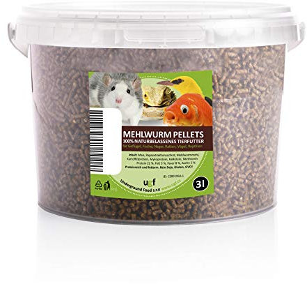 UGF - Premium Mehlwürmer Pellets - 2100g im 3 Liter Eimer, Insektensnacks für Vögel, Hamster, Igel, Nager, Eidechsen, Schildkröten – Universalfutter