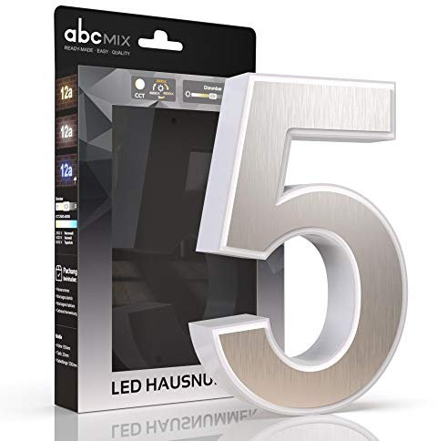 abcMIX LED Hausnummer, personalisierbare beleuchtete Hausnummer, Hausnummernleuchte mit LED - Hausnummer 5, Farbe EDELSTAHL, Lichtfarbeneinstellung, Dimmbarkeit