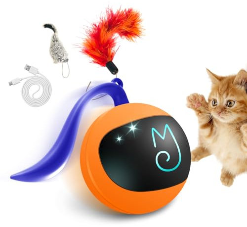 Migipaws Interactive Cat Ball Toy Set, Fun Tracker, Automatic Rolling Chase Ball with Fluffy Tail, A Small Mice, Rechargeable (Orange)