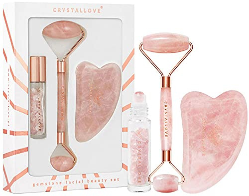 CRYSTALLOVE Quartz rose Kit de massage facial + pierre Gua Sha + cristaux d'huile Rollon 10 ml - Kit de massage facial pour le visage, les yeux - Appareil de massage - Outils de massage