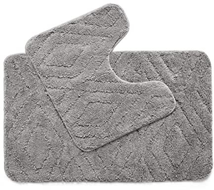 Penguin Home Bath Mat Sets 2 Piece Washable Super Absorbent Microfiber Non-slip Bottom Bath Rug For Toilet, Bathroom - Bath Mat & Contour Set (Diamond Style Grey, 50x80 cm + 50x40 cm)