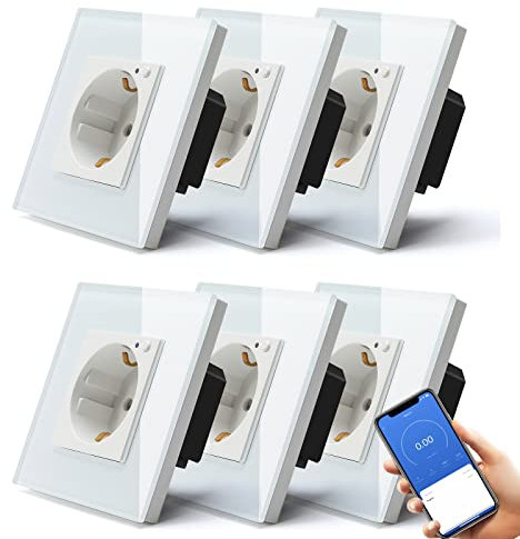 BSEED Smart Schuko Steckdose Unterputz mit Energieüberwachung, 6 Pack 16A Wlan Glassteckdose Stromverbrauch messen, APP-Steuerung Arbeit mit Alexa/Google Home, Zeitpläne, Timer, Nur 2.4GHz WiFi Weiß