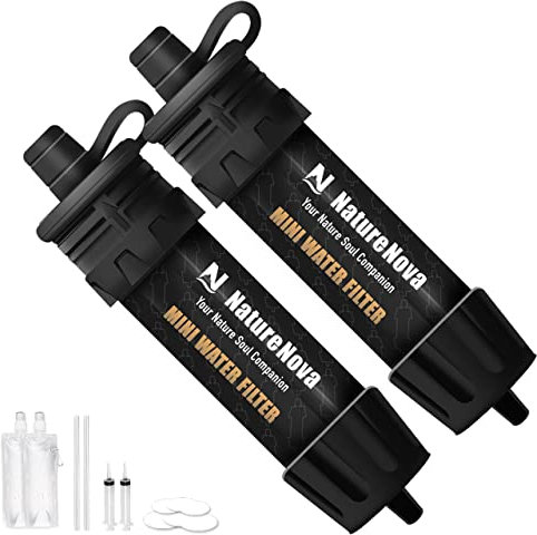 NatureNova Lot de 2 mini filtres à eau portables d'urgence pour la randonnée, le camping, la survie et les situations d'urgence Noir