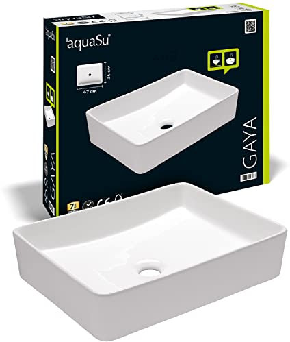 'aquaSu® Moderner Aufsatz-Waschtisch Gaya 47 cm | Eckiges Design-Waschbecken | Waschbecken modern | Waschtisch Aufsatz-Montage | 47 x 36 cm | Sanitärkeramik weiß | 56234 8