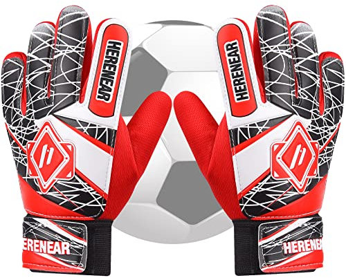 Herenear Torwarthandschuhe Kinder und Jugendliche, Junior Fußballhandschuhe Fußball Torwarthandschuhe, Torwart Fußball Handschuhe mit Fingersave, Stärken Grip und rutschfeste (5, Red)