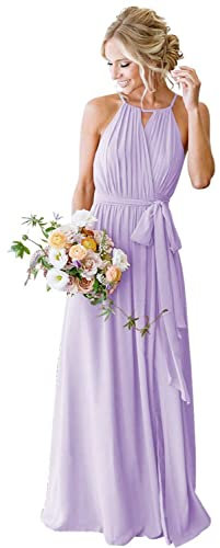 YIANN YIA030 Halfter lange Brautjungfernkleider mit Gürtel Chiffon A Linie Plissee Ballkleider mit Taschen, Flieder, 42