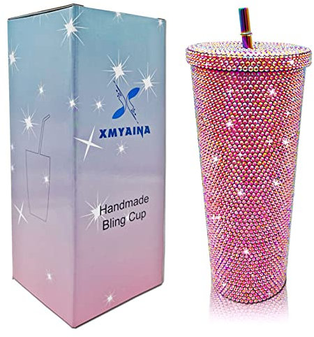 XMYAINA 740 ml Bling Cup Diamond Tumbler Glitter Wasserflasche mit Deckel und Strohhalmen, Edelstahl, vakuumisoliert, Kaffee-Eisbecher (helle Rose)