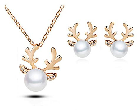 FDEETY Damen Schmuck Sets 925 Sterling Silber Weihnachten Tropfen Perlen Elch Halskette Ohrringe für Valentinstag Hochzeitsgeschenk, Gold