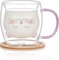 Joymaking Süße Tasse Katze, Thermogläser Doppelwandig Gläser mit Henkel & Untersetzer, Cappuccino Tassen Tee Gläser kaffeetassen Geschenke für Frauen Kinder zum Geburtstag Weihnachten Valentinstag