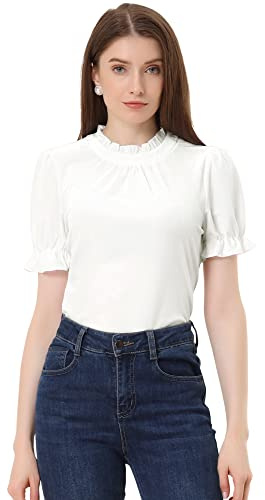 Allegra K Damen Bluse Samt Kurzarm Rüschenkragen Velvet Elegant Oberteile