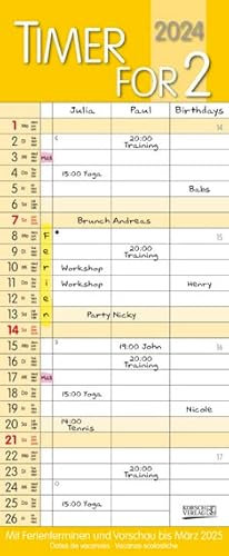 Timer für 2 Safran - Familienplaner 2024 für 2 Personen - Korsch-Verlag - Kalender mit 3 Spalten zum Eintragen - 19 cm x 46 cm