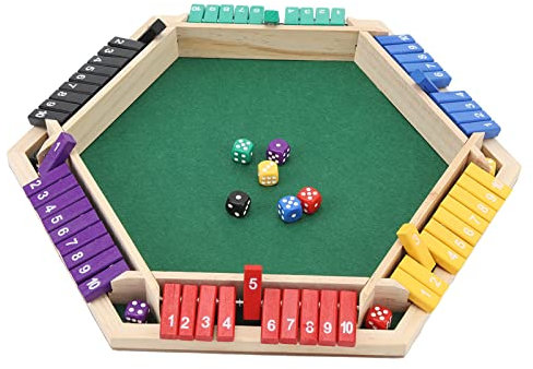 VGEBY Shut The Box Würfelspiel, 6 Spieler, 6 Farben, Holzbrett, Tisch, Mathe-Spiel, Seitliche Holztischplatte, Shut The Box Spiel mit 12 Würfeln