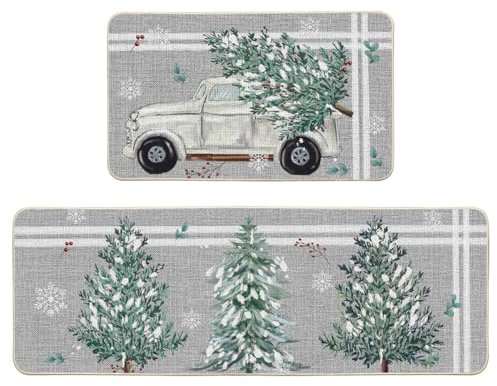 Artoid Mode Streifen Kiefer LKW Weihnachten Küchenteppich 2er Set, Waschbar Dekoration Küchenmatten für Innen Außen Dekor - 43x73 and 43x118 cm