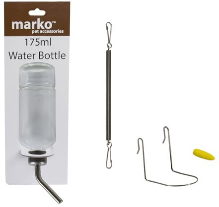 Marko Pet Accessories 175ml Glass Pet Water Bottle Feed Dispenser with Cage Mounting Kit Rabbit Guinea Pig Chew Proof Small Animal Drink Feeder