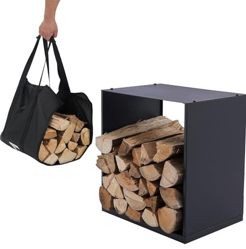Lendo Online Kaminholzregal + Tragetasche - Innen & Außen - Feuerholzregal - Kaminholzständer - Brennholzregal - Schwarz - Metall (40x28x40cm)