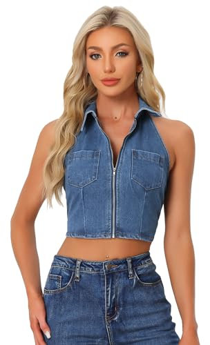 Allegra K Top in Denim Allacciato alla Caviglia per Corsetto Jean Senza Maniche con Colletto e Cerniera da Donna Blu L