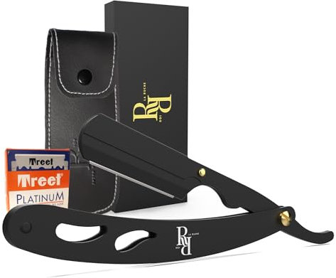 Rasoir de Barbier droit, Rasoir Coupe Choux Barbe à Lame Interchangeable,+ 100 Lames de Rasoir + Pochette de Transport, Straight Razor, rasoir 100% acier inoxydable