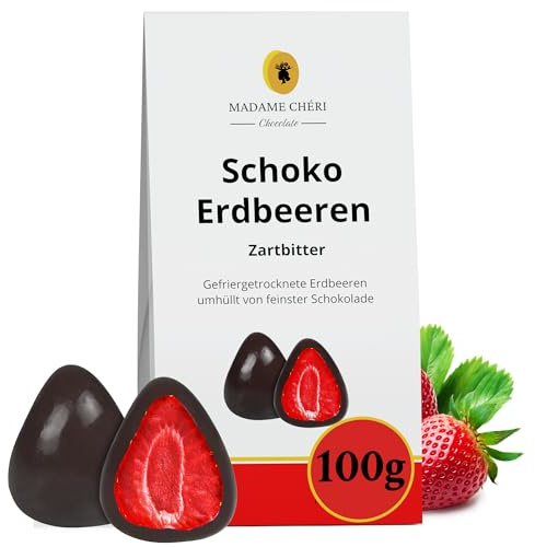 Madame Cheri Schoko Erdbeeren Zartbitter 100 g - Gefriergetrocknete Erdbeeren in dunkler Schokolade - Aromatische Schokoladenfrüchte - umhüllt von feiner veganer Schokolade