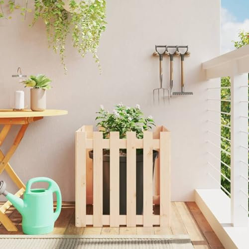 Rantry Maceta de jardín con diseño de valla, 60 x 60 x 60 cm, madera maciza de pino, macetas de jardín de madera, maceta de flores, cesta de plantación, maceta para exteriores