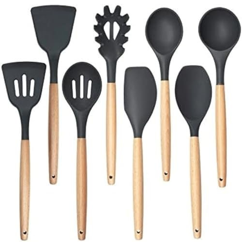OZLMBERN Ensemble de Cuisine avec Manche en Bois et spatule et ustensiles de Cuisine en Silicone de qualité Alimentaire résistant aux Hautes températures