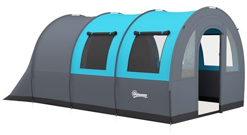 Outsunny Tienda de Campaña Familiar para 5-6 Personas Tienda de Camping Plegable Impermeable 3000 mm con 2 Habitaciones Puertas y Bolsa de Transporte para Senderismo 480x260x200 cm Gris